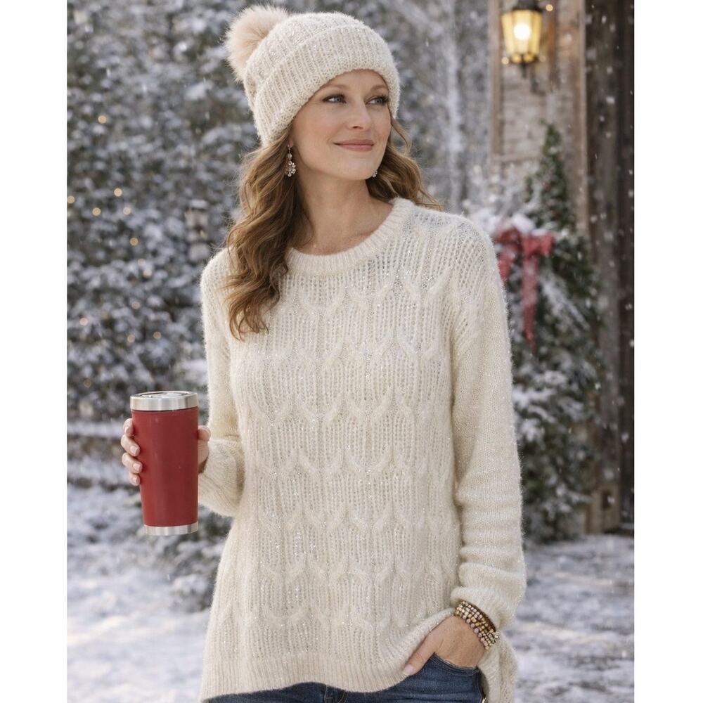 Soft Surroundings Large Sparkle Cable Knit Ivory Sweater Cozy Crewneck - Picture 11 of 11